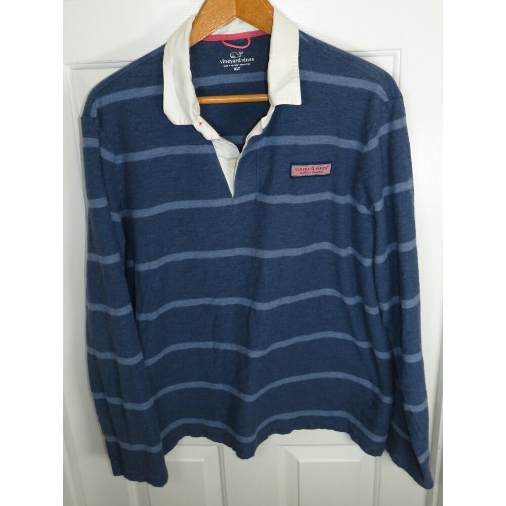 Vineyard Vines Men's Rugby Polo Shirt Blue Striped/White Collar Size XLT